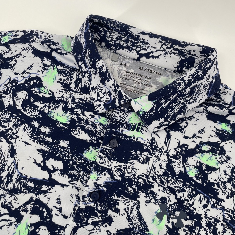 Under Armour Playoff Polo Mens XL Navy White Lime Green Abstract Golf Shirt